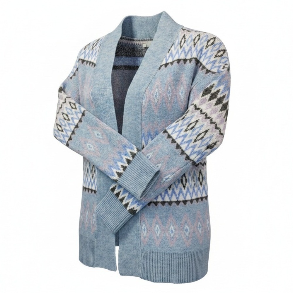 Croft & Barrow M Blue Fair Isle Cardigan Sweater Open Front Cozy Cottagecore